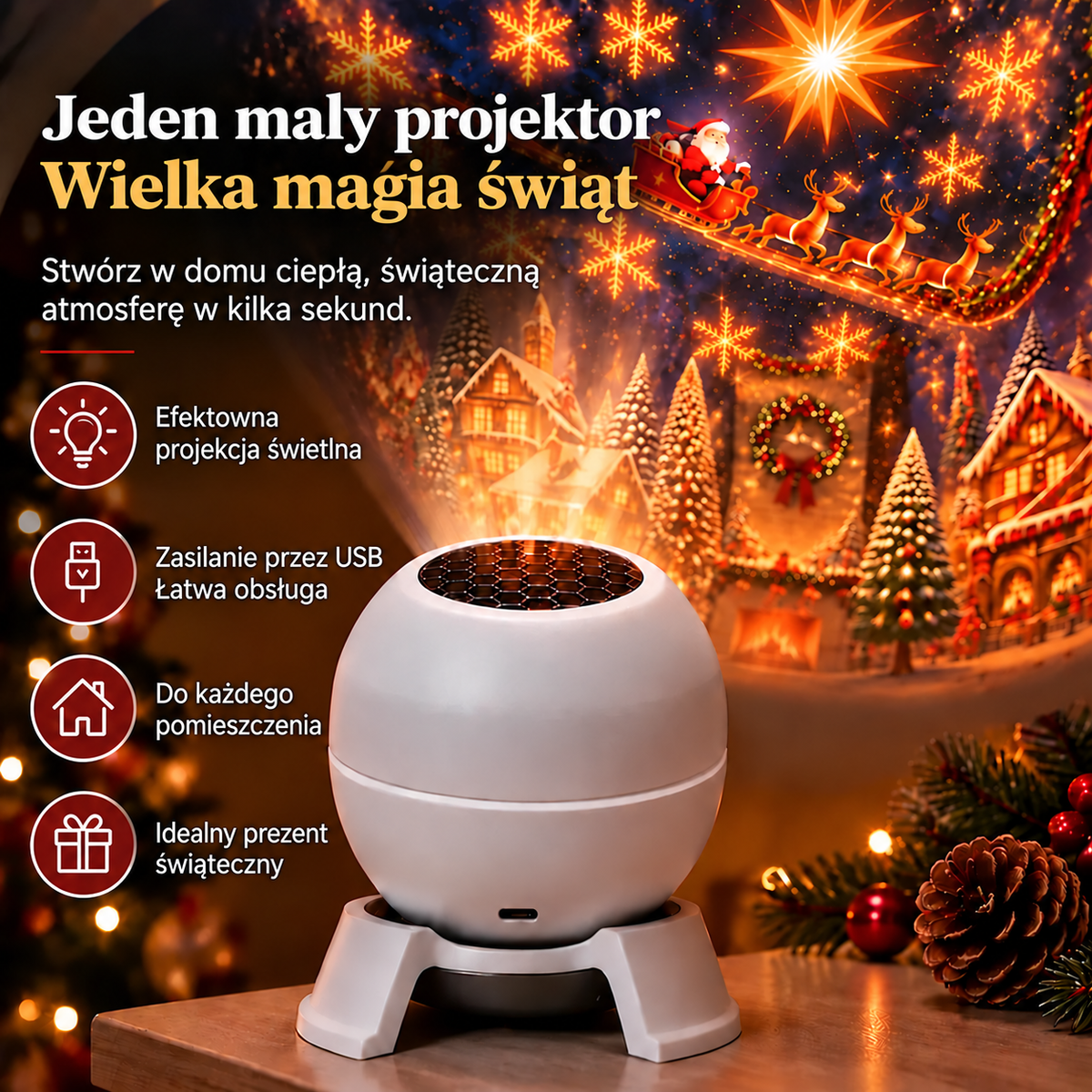 Zamień każde pomieszczenie w bajkową krainę Bożego Narodzenia – Świąteczna lampka nocna z projektorem 🎁