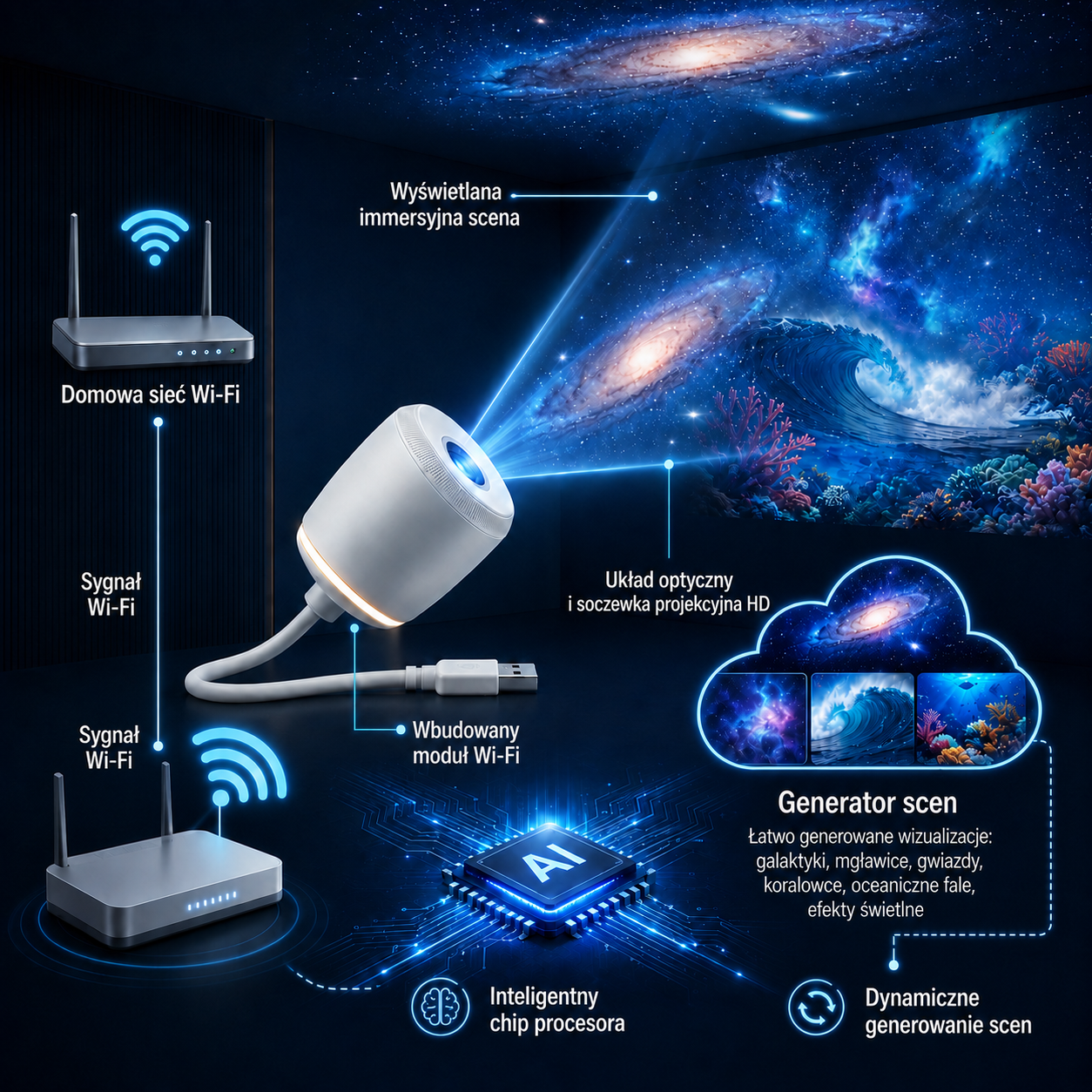 Inteligentny projektor nocny nowej generacji TIMNAMY® – dynamiczna, inteligentna projekcja holograficzna 5D w jakości HD 🟨
